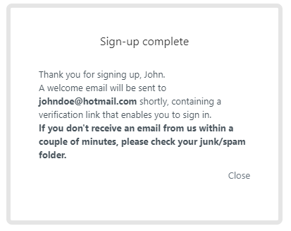 Sign-up complete confirmation screen